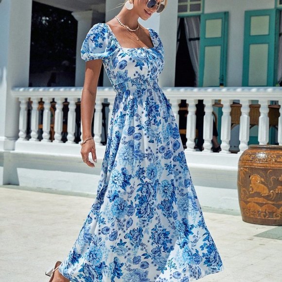 Blue Boho Womens Floral Print Square Neck Puff Sleeve Dress - Picture 3 of 5